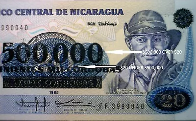 1985 ERROR Nicaragua $500000 PRINTED OVER A $20 Note GEM CU Currency Money  NR • $28.49