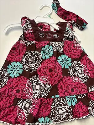 Maggie And Zoe Dress Baby 12 Months With Headband Brownpink Light Teal Floral • $9