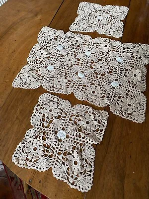 Three Vintage Beige Crocheted Doilies • £4