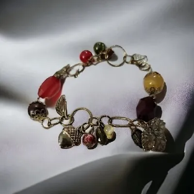$14 • Buy Vintage Fall Acorn Bracelet Glass Bead Clusters Metal Leaves Chain Link Seasonal