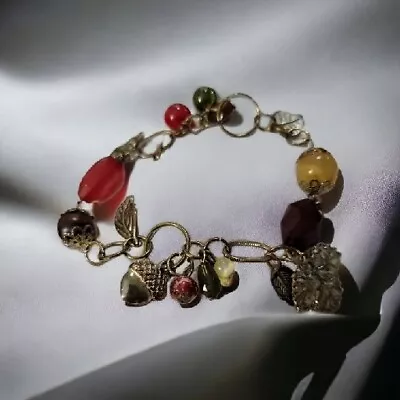 Vintage Fall Acorn Bracelet Glass Bead Clusters Metal Leaves Chain Link Seasonal • $14