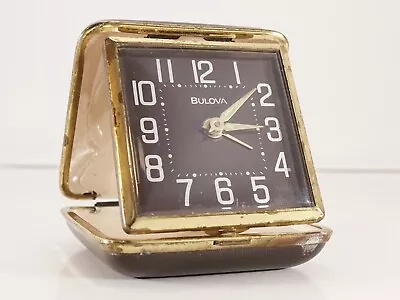 Bulova Vintage Travel Clock Mechanical Analog Windup Alarm Clamshell Gold Brown • $19.99