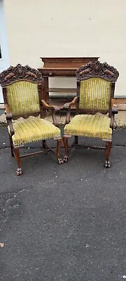 Carved Lions Oak Victorian Arm Chairs  • $1200