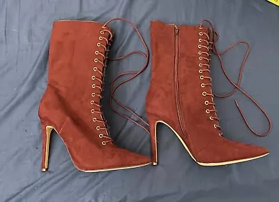 Women’s Suede Stiletto Lace Up Burgundy Boots Pointy Toe Side Zipper Liliana 8.5 • $18