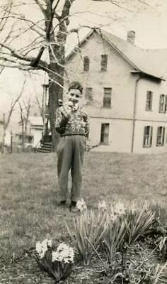 AC542 Vtg Photo  DAVID  BOY BY DAFFODILS HOLDING BALL Meriden CT C 1947 • $4.50