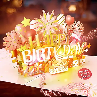 INPHER Musical Birthday Card 3D Pop Up With Light Blow Out LED Candle And Plays  • $16.62