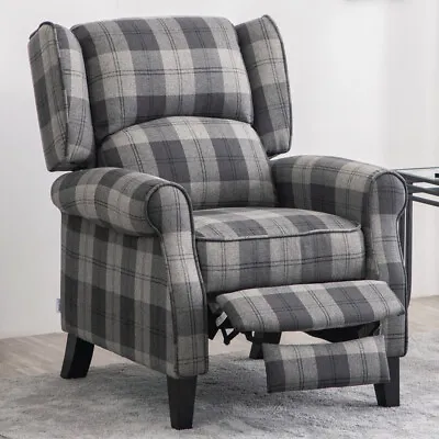 Upholstered Recliner Armchair Tartan Manual Reclining TV Cinemo Chair Footrest • £229.95