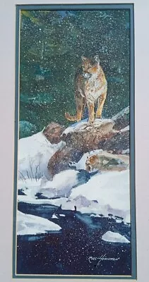 Russ Hamilton 1950-2014 MOUNTAIN LION IN SNOW  Watercolor Gouache Frame STUNNING • $295