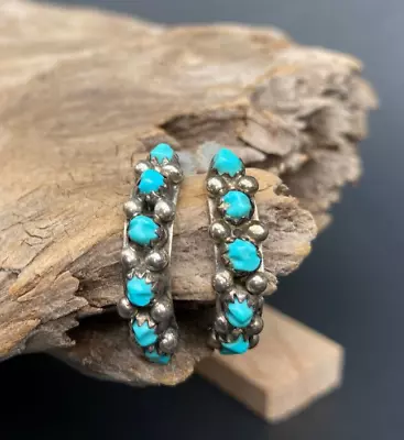 Vintage NAVAJO Blue Turquoise Sterling Silver Hoop Earrings • $35