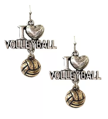Sports Theme Rustic Metal I Heart Volleyball Dangle Earrings For Women • $15.95