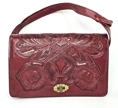 Mexican Red Leather Purse 1950s Hand Tooled Floral Mayan Design Aztec Calenda • $44.85