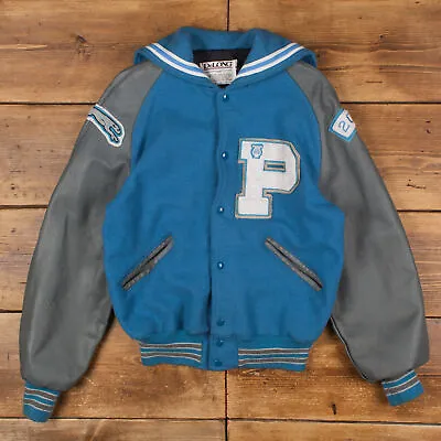 Vintage DeLong Varsity Jacket L Bomber Raglan Wool Patches USA Made Blue Snap • £53.99