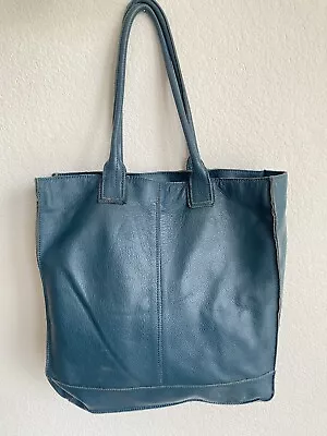 J.JILL Blue Aqua Leather Market Floppy Tote Bag Purse- Pebbled Texture • $49