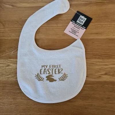 My First Easter With Bunny And Leaves White Baby Bib With Gold Design Colour • £3.95