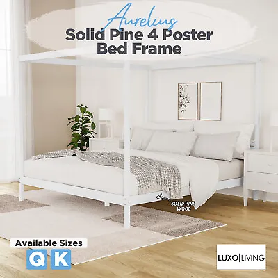 Solid Pine Modern 4 Poster Bed Frame Queen King Bedroom Furniture - White • $279