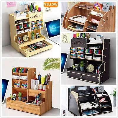 $18.90 • Buy Office Desk Organizer DIY Wooden Pen Holder Box Stationary Storage Rack 