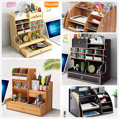 $18.90 • Buy Office Desk Organizer DIY Wooden Pen Holder Box Stationary Storage Rack 