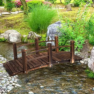 Wooden Garden Bridge Lawn Decor Stained Finish Arch Outdoor Pond Walkway 1.5M • £106.95