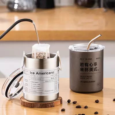 Coffee Cup With Lid And Straw Stainless Steel Thermos Travel Coffee Mug 350ML • $16.99