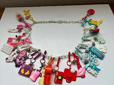 Vintage 80s Plastic 27 Clip Bell Charms Chain Link Necklace & Charms Colorful • $150