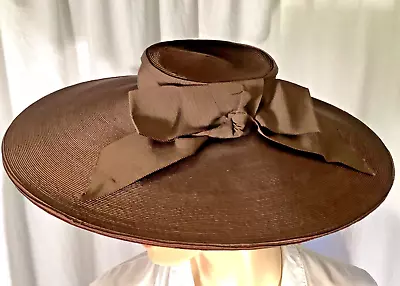 Vintage Tilt Boater Straw Hat Brown 40s Starlet Art Deco Picture Wide Brim Riley • $79.99