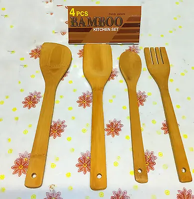 £2.99 • Buy 4Pcs  Bamboo Wooden Kitchen Cooking Slotted Spoon Turner Utensil Set