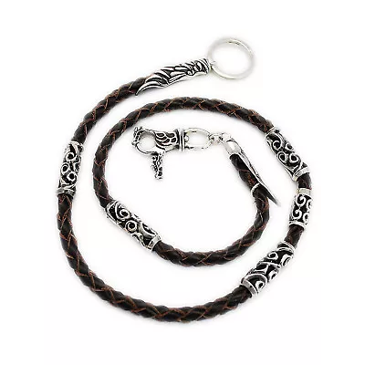 925 STERLING SILVER DRAGON CLASP & BROWN LEATHER BIKER WALLET CHAIN Gs-wc005 • $215