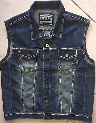 Ring Of Fire Metal Button Denim Jeans Vest MENS XL Downtown Los Angeles BLUE EUC • $17.98