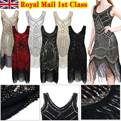Retro 1920s Flapper Gatsby Charleston Party Sequin Fringe Evening Cocktail Dress • £26.95
