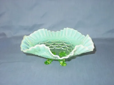 $14.95 • Buy Antique Northwood EAPG Beaded Green Opalescent Ruffled Bowl Footed