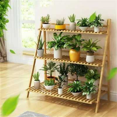 High Strength Bamboo Folding Plant Stand Pots Display Shelf Rack Indoor Outdoor • $30.90