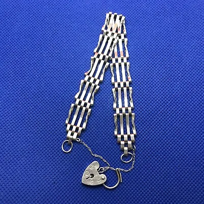 Sterling 925 Silver 4 Bar Gate Bracelet Heart Lock Safety ChainHallmarked 7” • £30