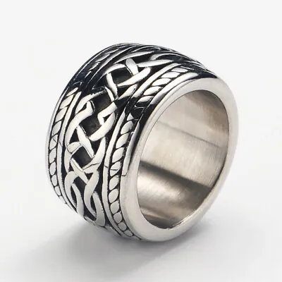 15mm Big Retro Pattern Wedding Ring Stainless Steel Vintage Biker Punk Men Ring • $12.88