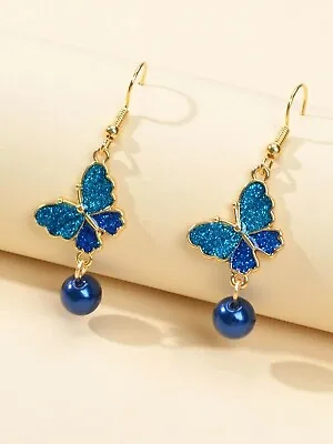$1.99 • Buy AU Stock Dark Blue Pearl Beads Butterfly Dangle Drop Earrings Bling Jewellery