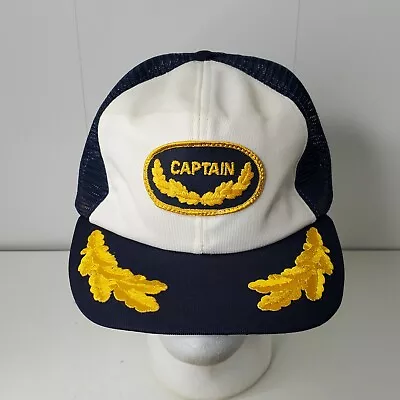 VTG Captain Patch Mesh Trucker Hat Snapback Cap Navy Military Sail Boat Ocean • $12.99