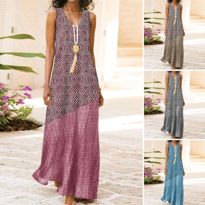 $28.03 • Buy ZANZEA Womens Sleeveless V Neck Floral Hippie Retro Casual Party Club Maxi Dress