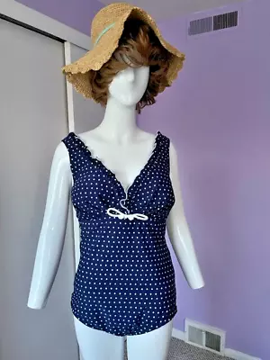 New Gabar One Piece Swim Suit Dark Blue With White Polka Dots Size 16. • $15.99