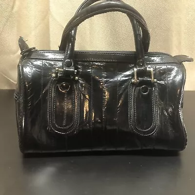 Vintage Medium Size Black Eel Skin Leather Top Zip Satchel Handbag • $16