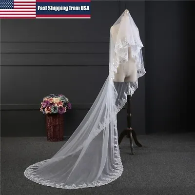3M White Wedding Cathedral Bridal Veils Beautiful Long Veil With Lace Edge USA • $9.69