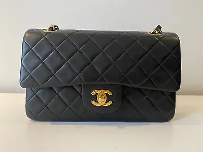 CHANEL Vintage Small Classic Double Flap Bag In Black Lambskin • £5450