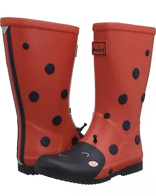 Joules Red Ladybug Rain Boots Big Kids Size 2 Red Pull On Wellie Boots Unisex • $45