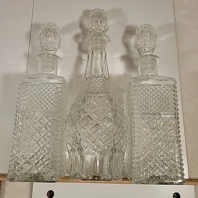 3 Vintage Heavy Cut Glass Whiskey Decanters 2@12  1@15  W/Stoppers Bar Bottles • $39.88