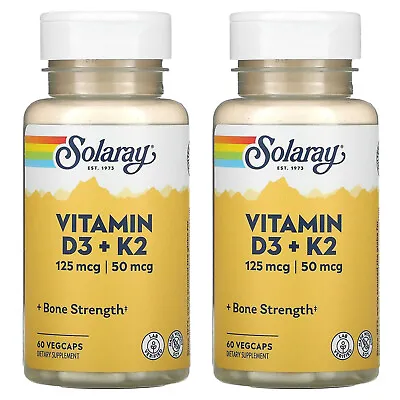 $21.95 • Buy Solaray, (2 Pack) Vitamin D3 + K2, Soy Free, 60 VegCaps