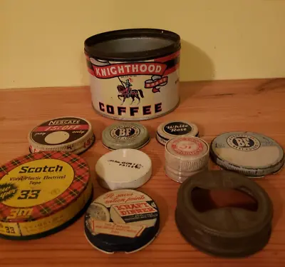 Vintage 1950s Knighthood Coffee Tin Plus Lot Of Lids Scotch Kraft Nescafe • $35