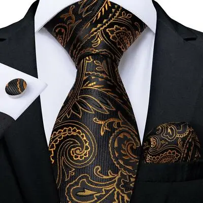 Black Gold Paisley Silk Necktie Mens Tie Set Hanky Cufflinks Wedding Party • £10.07