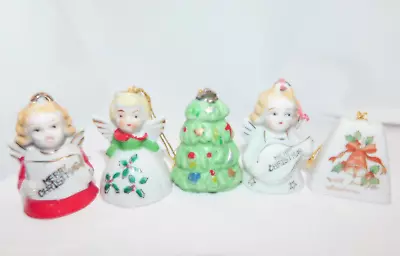 5 Vintage Christmas Porcelain Bell Ornaments Christmas Tree Belle Angels Japan • $15
