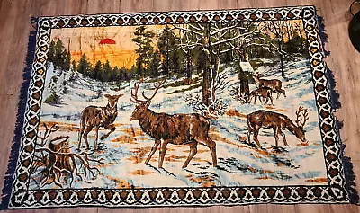 Tapestry Rug Winter Snow Wooland Elk Deer Caribou Eating In The Woods 49  X 72  • $19.95