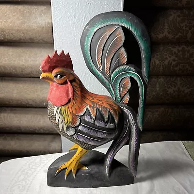 Vintage Hand Carved/Painted Wooden Rooster Chicken Primitive Figurine 15” Tall • $19.99