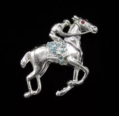 Vintage Deco Jockey On Galloping Race Horse ￼Rhinestone Pin Brooch C Clasp • £37.99