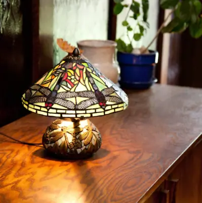 Dragon Fly Style Mini Lamp Tiffany Table Stained Glass Shade Light Desk Brown  • $145.31